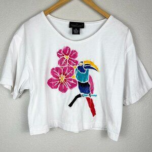 Vintage Carole Little Tropical Crop Top T-Shirt Floral Embroidered Toucan Size M